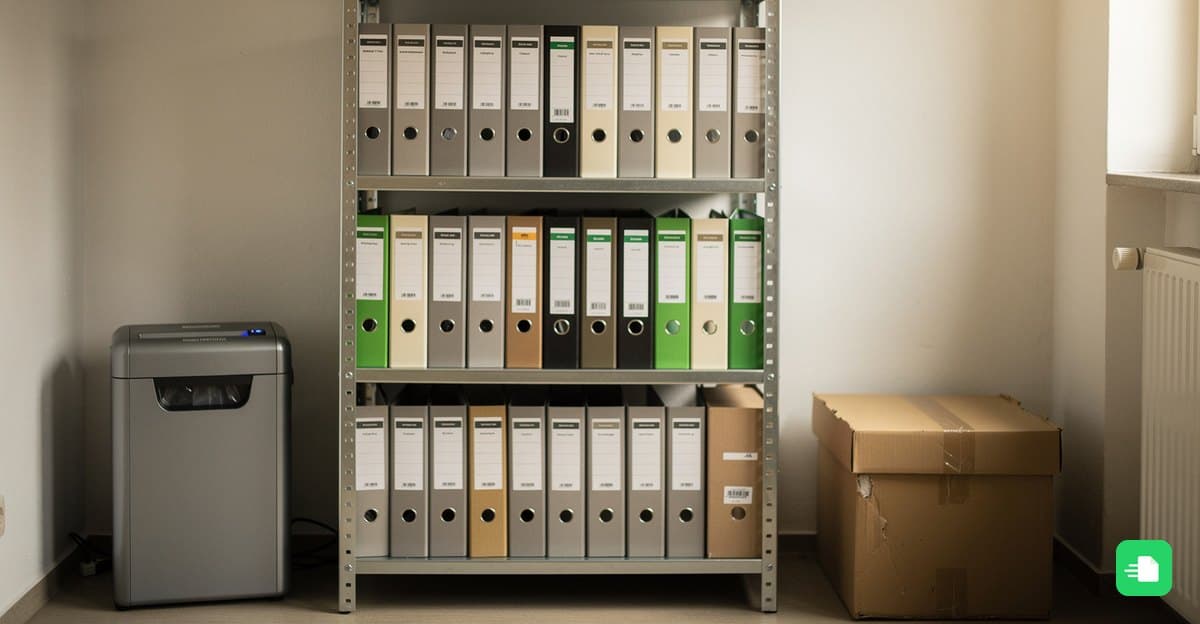 Metallregal mit Aktenordnern in einem Archivraum, daneben ein Aktenvernichter und ein Archivkarton