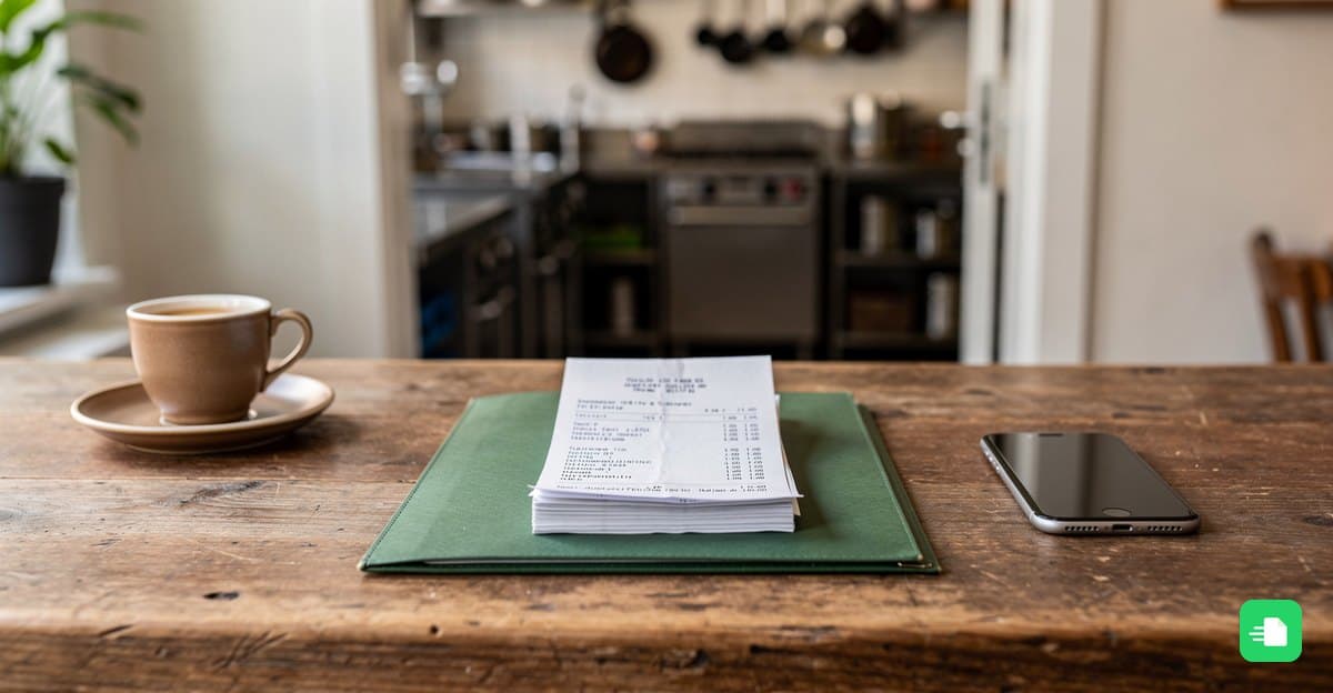 Sortierter Stapel Kassenbons auf einer grünen Mappe im Büro eines Restaurants, daneben Smartphone und Kaffeetasse
