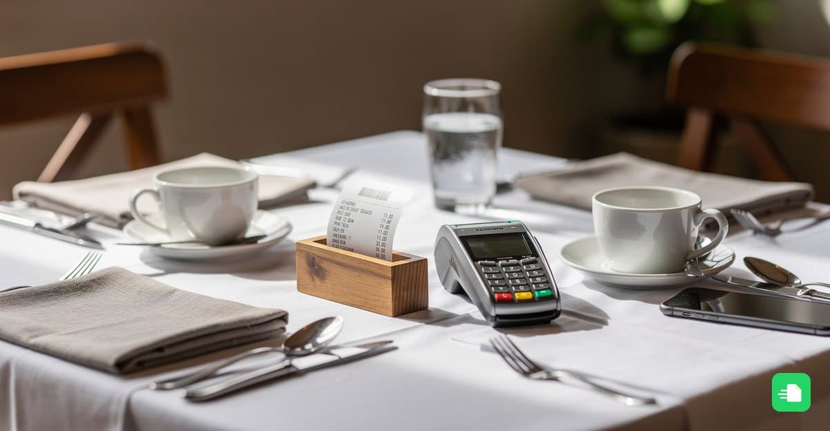 Restauranttisch nach einem Geschäftsessen mit Kassenbon im Holzhalter, Kartenterminal, Espressotassen und Smartphone