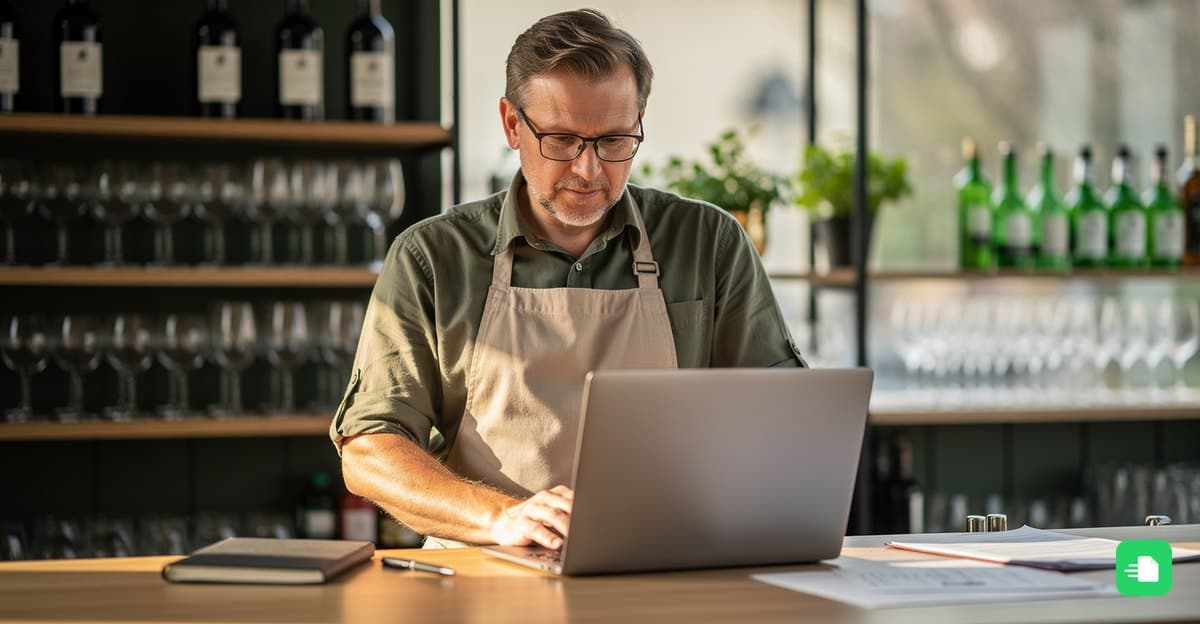 Restaurantinhaber mit Schürze arbeitet an der Theke am Laptop, im Hintergrund Weinregal und Gläser