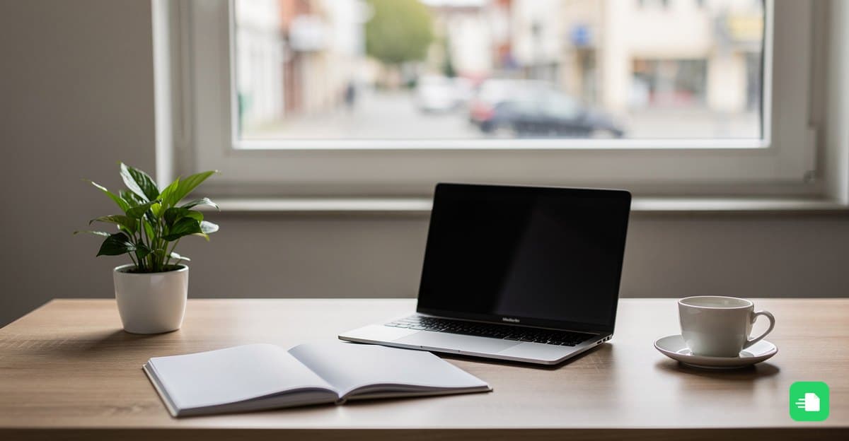 Aufgeklappter Laptop, Notizbuch, Pflanze und Kaffeetasse auf einem Schreibtisch am Fenster