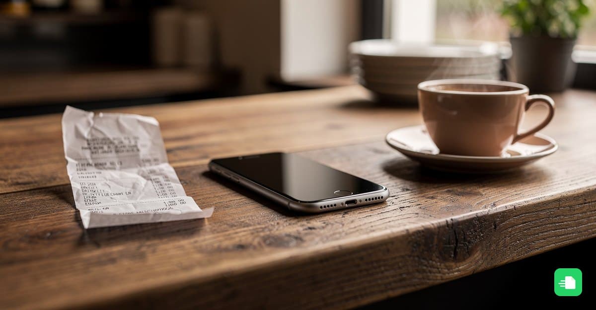 Smartphone neben einem zerknitterten Kassenbon und einer Teetasse auf einer Holztheke