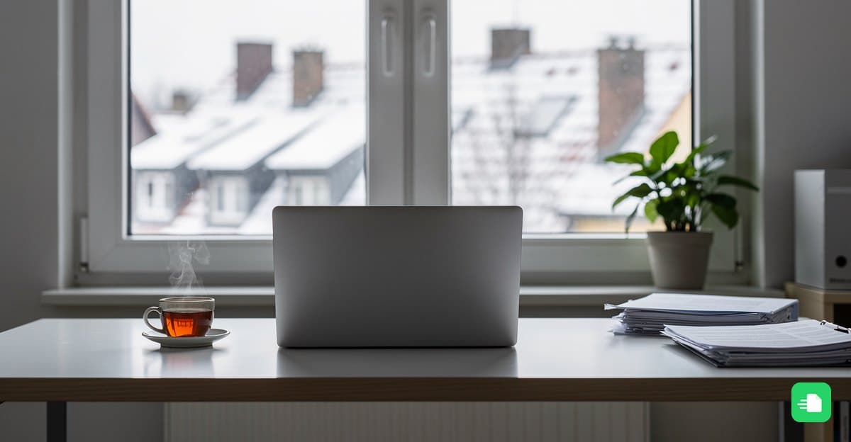 Schreibtisch am Fenster mit Laptop, Tee und Pflanze, draußen verschneite Dächer
