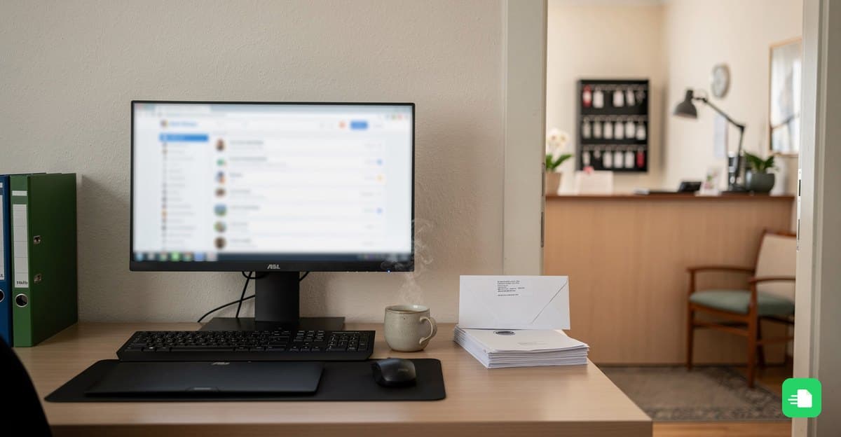 Hotelbüro mit Bildschirm, E-Mail-Postfach, Briefumschlägen und Blick in den Empfangsbereich