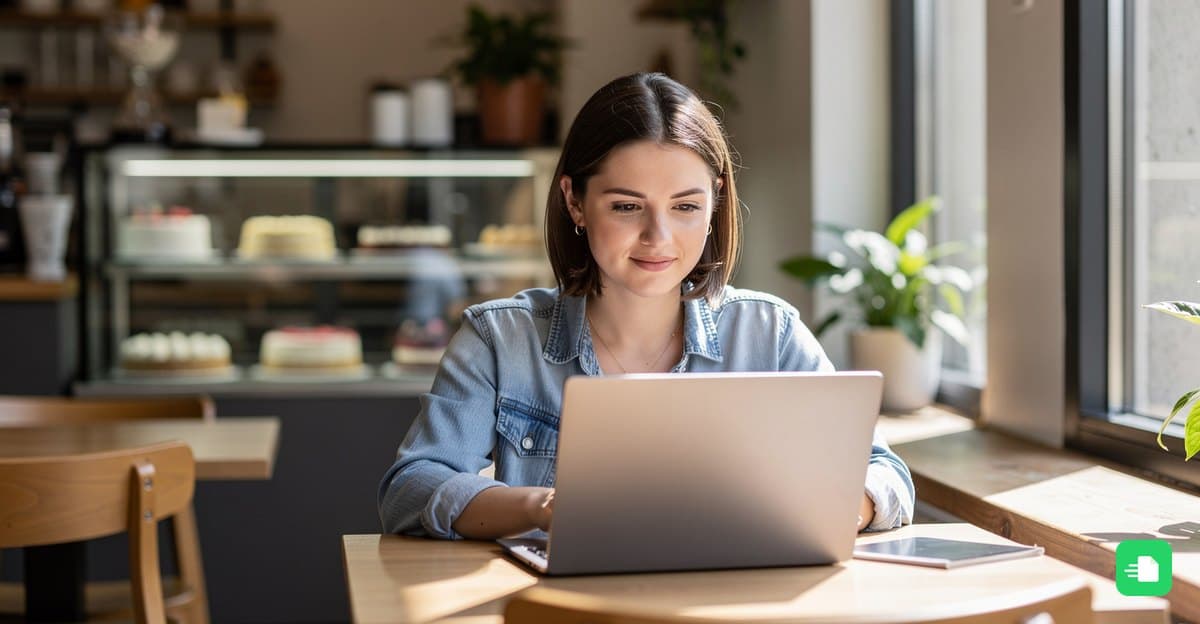 Café-Inhaberin arbeitet an einem Ecktisch am Laptop, im Hintergrund eine Kuchenvitrine