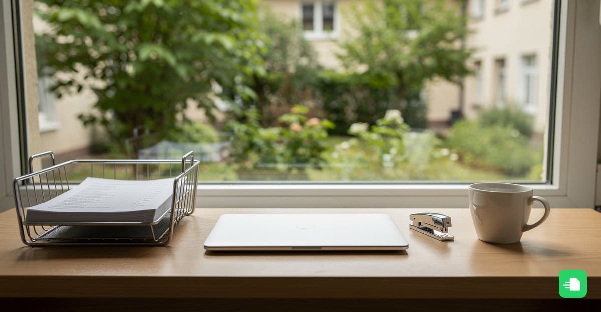 Ablagekorb mit Eingangsrechnungen, zugeklappter Laptop, Hefter und Tasse im Hotelbüro am Fenster