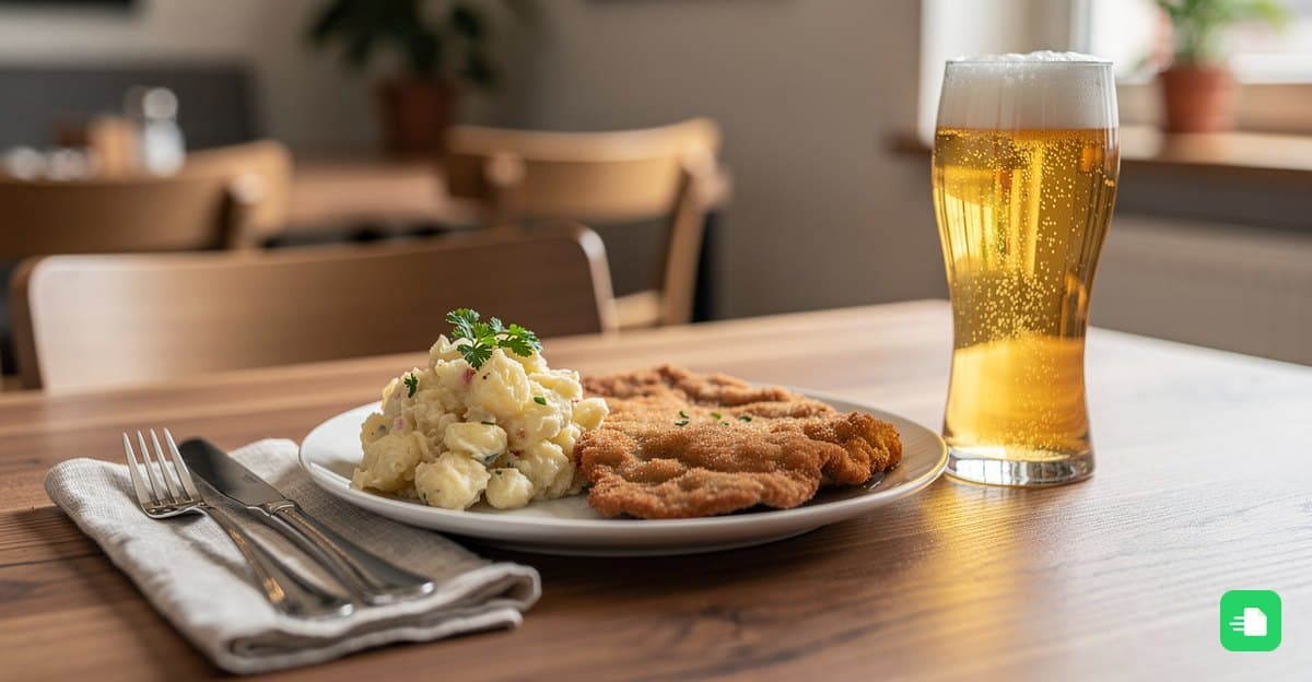Wiener Schnitzel mit Kartoffelsalat und ein Glas Bier auf einem Restauranttisch