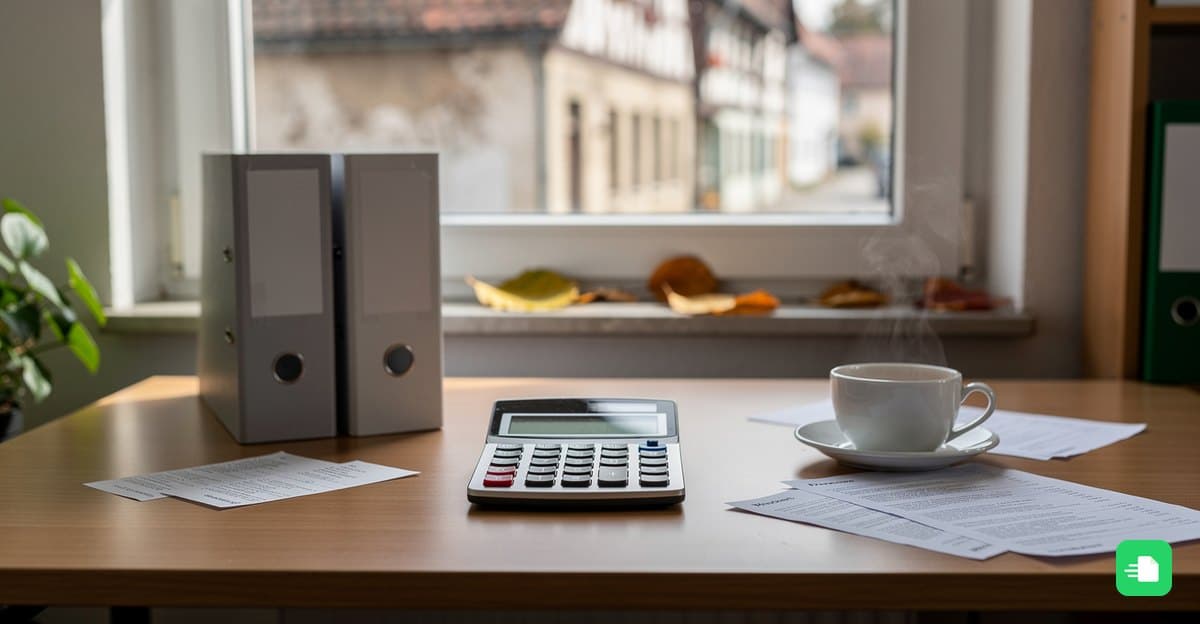 Kleines Hotelbüro mit Taschenrechner, Lohnordnern und Blick auf eine Altstadtgasse im Herbst