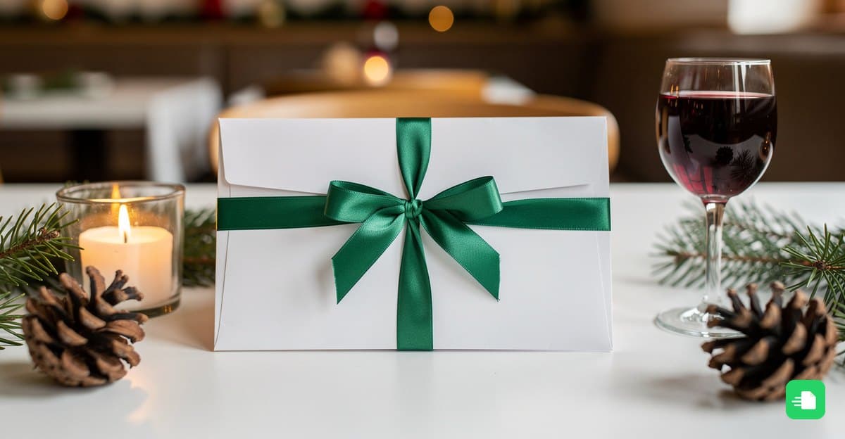 Gutscheinumschlag mit grüner Schleife auf einem weihnachtlich dekorierten Restauranttisch mit Kerze und Glühwein