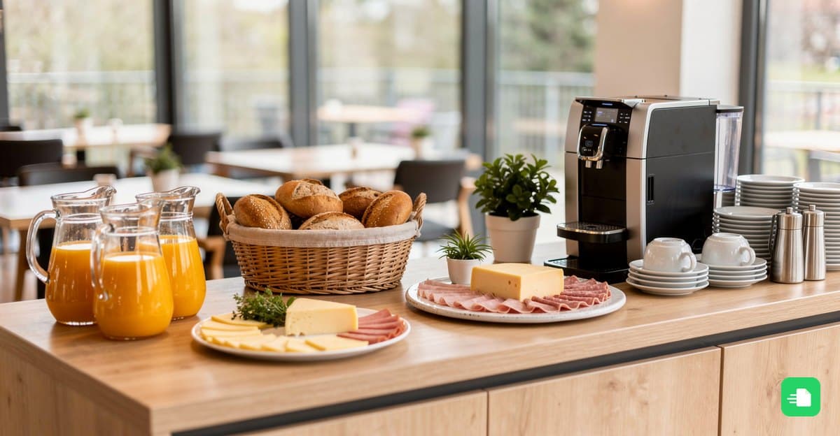 Frühstücksbuffet im Hotel mit Brötchen, Käse, Aufschnitt, Orangensaft und Kaffeemaschine
