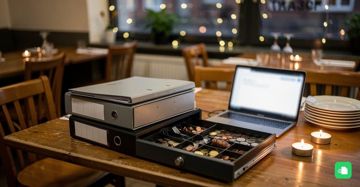 Leeres Restaurant nach Schließung mit Ordnern, Kassenlade und Laptop auf einem Holztisch