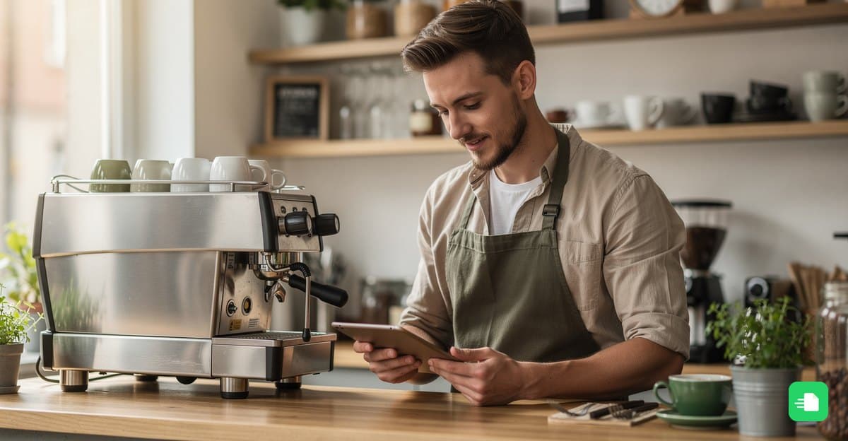 Inhaber einer kleinen Kaffeebar schaut hinter der Theke auf ein Tablet, daneben die Espressomaschine