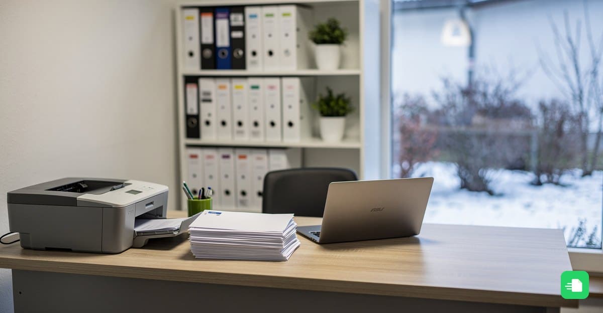 Büro hinter der Hotelrezeption mit Drucker, Briefumschlägen und Ordnern im Januarlicht