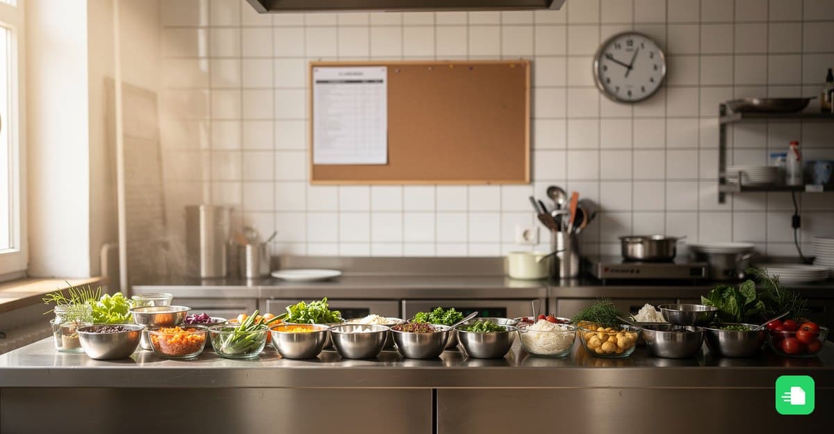 Restaurantküche am Morgen mit vorbereiteten Zutaten, Pinnwand mit Dienstplan und Wanduhr