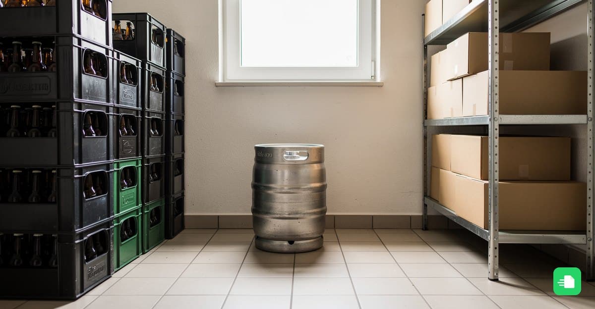 Getränkekisten mit leeren Pfandflaschen, ein Bierfass und ein Regal mit Kartons im Lager eines Restaurants