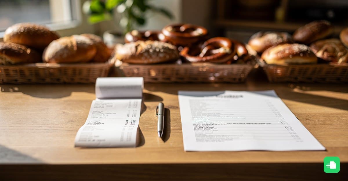 Kassenbon und ausgedruckte Rechnung nebeneinander auf der Theke einer Bäckerei mit Brötchen und Brezeln