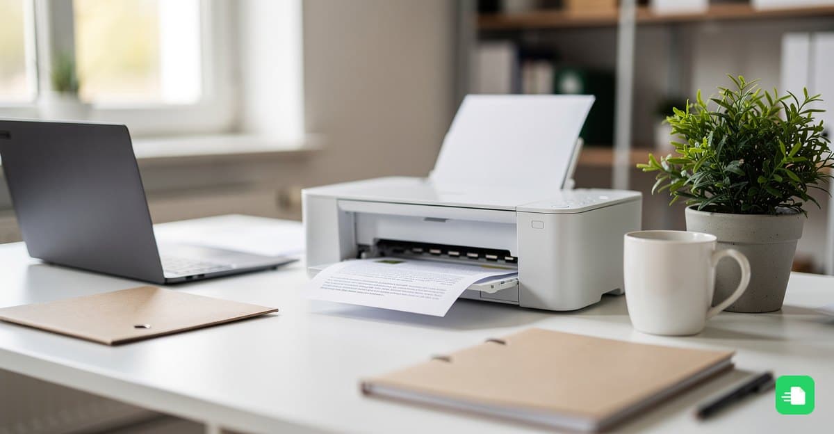 Drucker gibt eine Rechnung aus, daneben Laptop, Mappen, Tasse und Grünpflanze auf einem hellen Schreibtisch