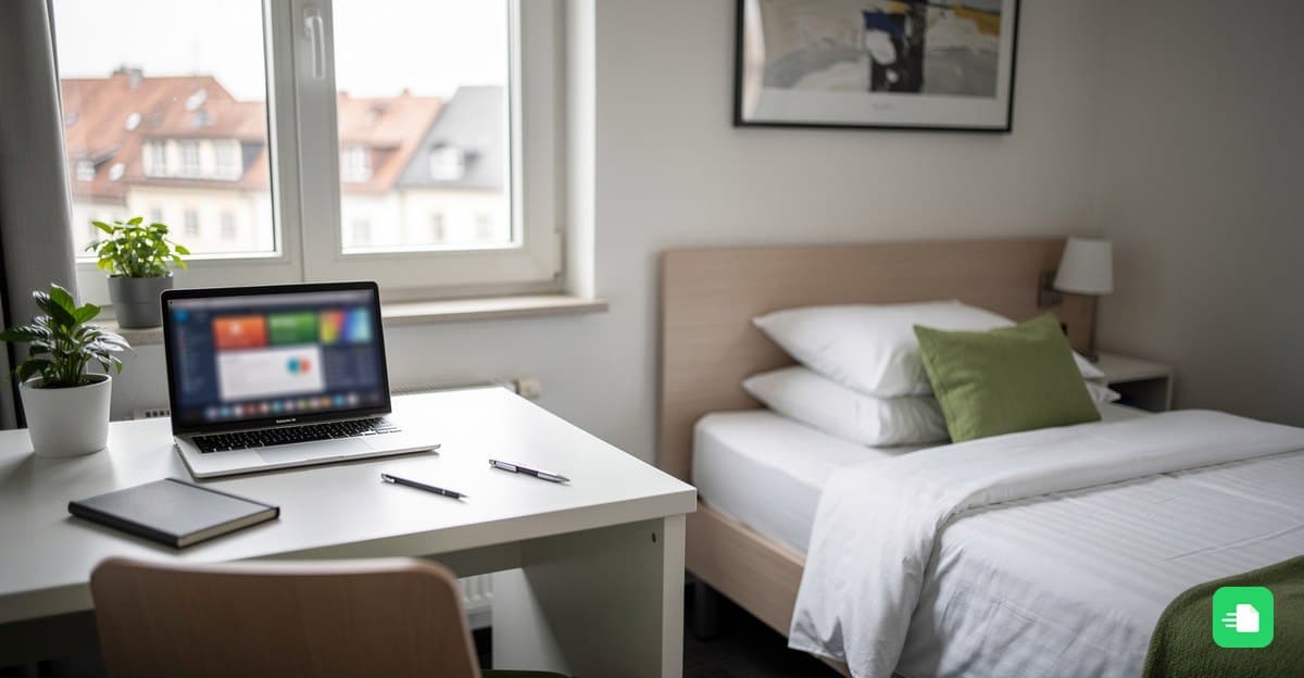 Hotelzimmer mit Schreibtisch, aufgeklapptem Laptop und gemachtem Bett, Blick über die Dächer der Stadt