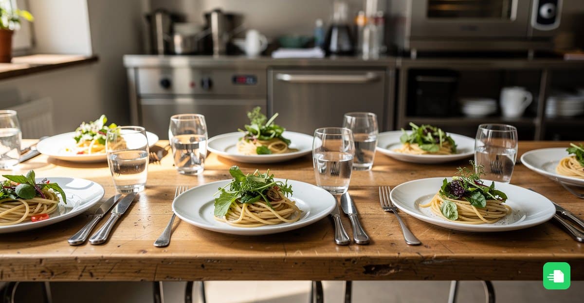 Gedeckter Tisch mit Pasta und Wasser für das Personalessen vor dem Service, dahinter die Restaurantküche