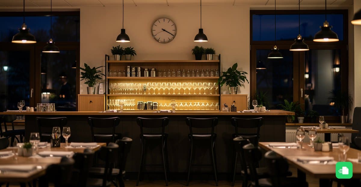 Restaurant am späten Abend mit gedimmtem Licht, aufgeräumter Bar und einer Wanduhr kurz vor Mitternacht