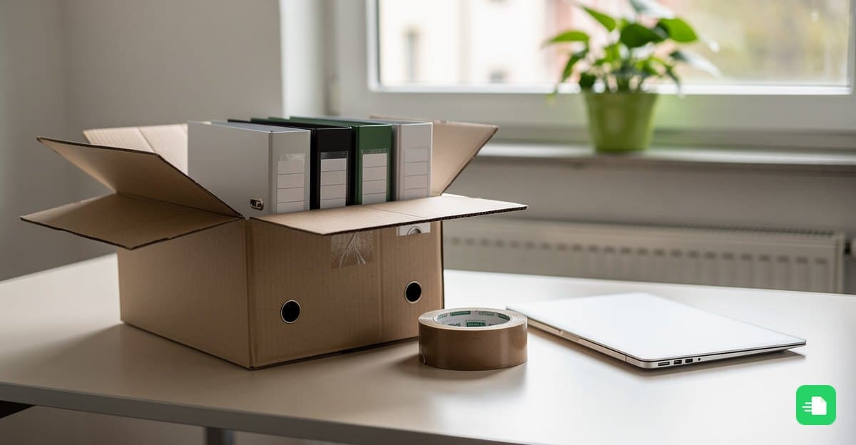 Aktenordner in einem offenen Umzugskarton, daneben Klebeband und Laptop auf einem Bürotisch