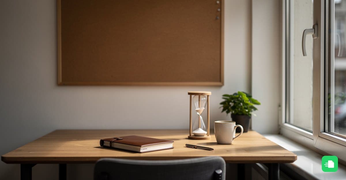 Schreibtisch am Fenster mit Terminbuch, Sanduhr und Kaffeetasse in einem kleinen Restaurantbüro