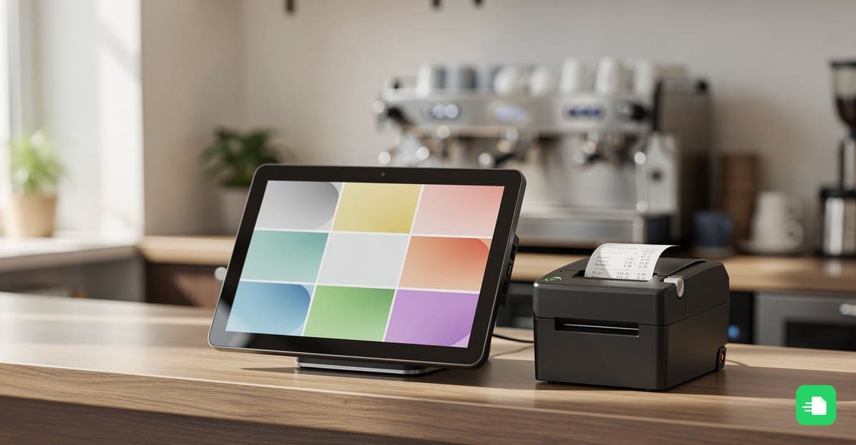 Touchscreen-Kasse mit Bondrucker auf der Theke eines Cafés, dahinter die Kaffeemaschine
