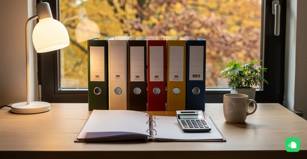 Reihe farbiger Aktenordner, aufgeschlagener Ordner und Taschenrechner auf einem Schreibtisch im Herbstlicht