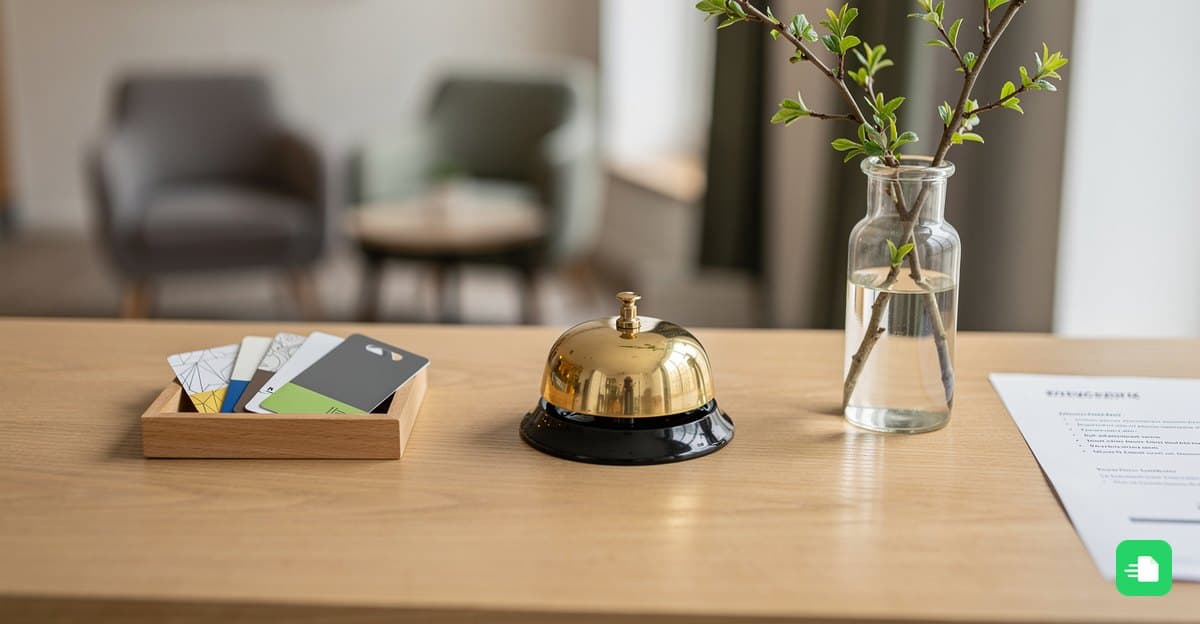Hotelrezeption mit Messingklingel, Schlüsselkarten in einer Holzschale und einer Vase mit grünen Zweigen
