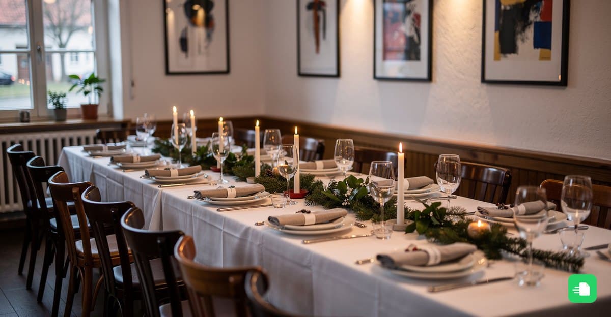 Festlich gedeckte lange Tafel mit Kerzen und Tannengrün für eine Weihnachtsfeier im Restaurant