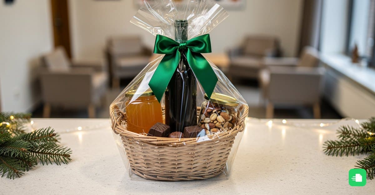 Geschenkkorb mit Wein, Honig, Nüssen und Pralinen mit grüner Schleife auf einer Hotelrezeption