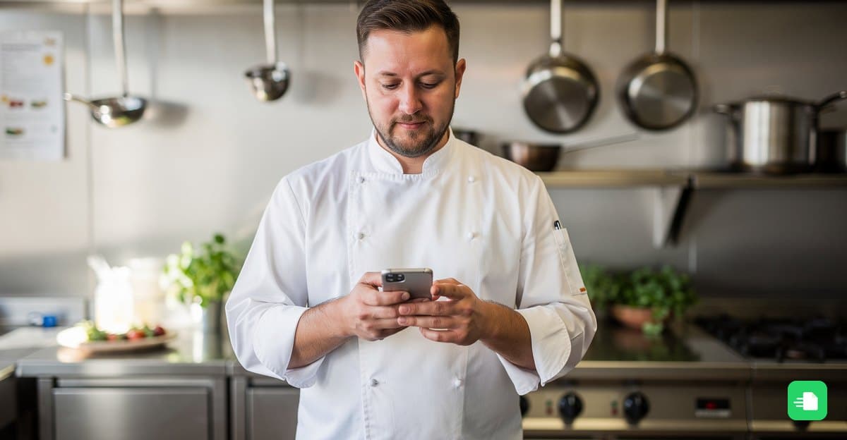 Koch in weißer Kochjacke schaut in der Restaurantküche auf sein Smartphone