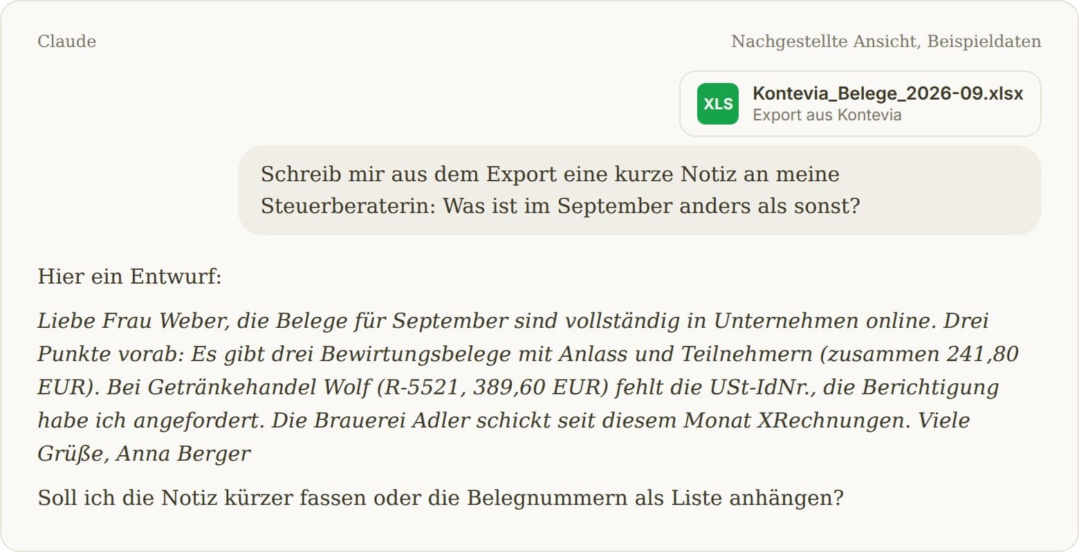 Claude mit hochgeladenem Kontevia-Export entwirft eine kurze Notiz an die Steuerberaterin zu Bewirtungen, fehlender USt-IdNr. und neuen XRechnungen