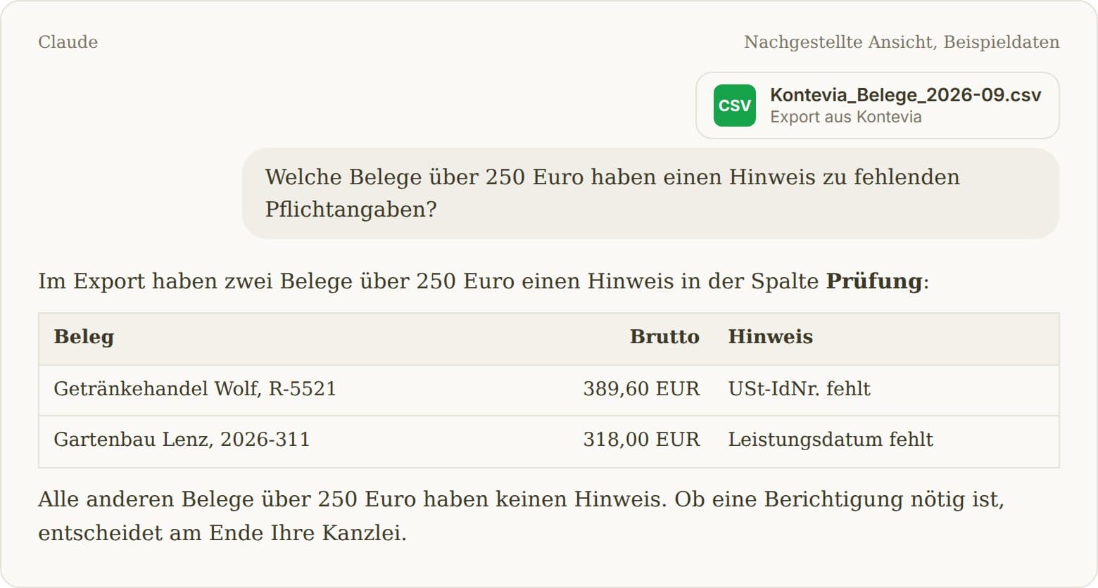 Claude listet aus dem Kontevia-Export zwei Belege über 250 Euro mit Prüfhinweis auf: fehlende USt-IdNr. und fehlendes Leistungsdatum