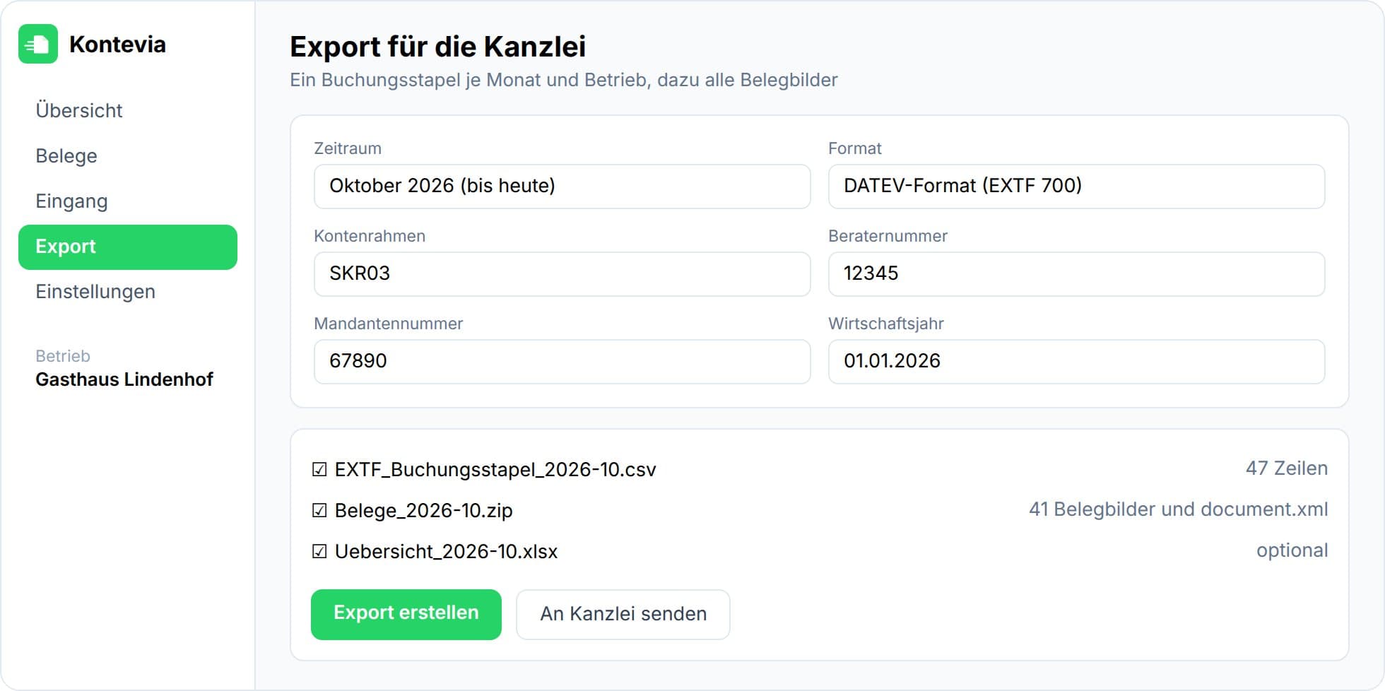 Exportdialog in Kontevia: Zeitraum, DATEV-Format EXTF 700, Kontenrahmen SKR03, Beraternummer, Mandantennummer und die drei erzeugten Dateien