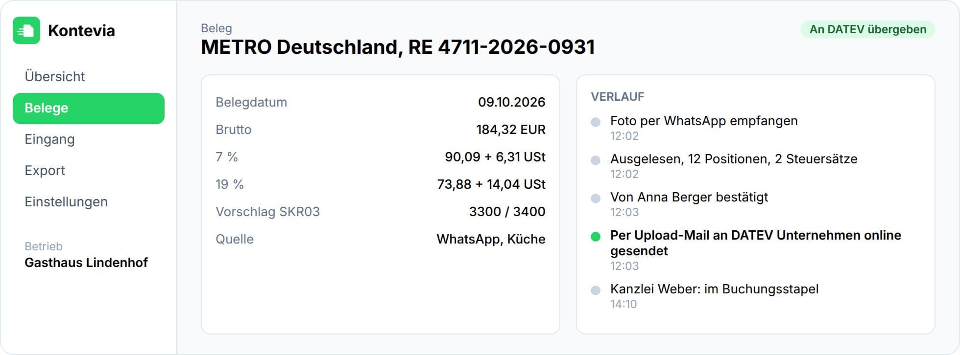 Belegdetail in Kontevia mit Verlauf: Foto per WhatsApp empfangen, ausgelesen, bestätigt und per Upload-Mail an DATEV Unternehmen online gesendet