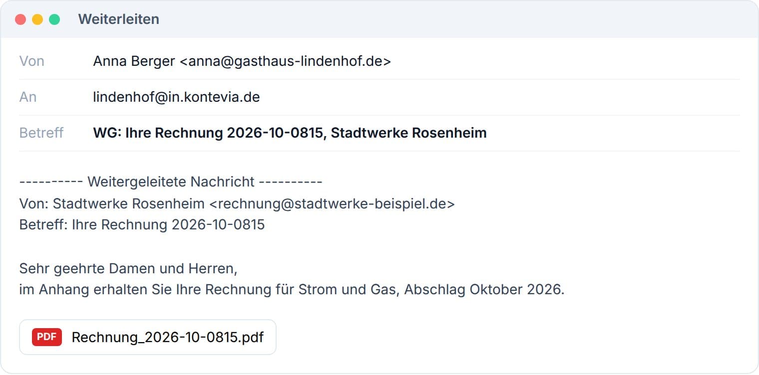 E-Mail-Programm: Rechnung der Stadtwerke wird mit PDF-Anhang an die Kontevia-Adresse lindenhof@in.kontevia.de weitergeleitet
