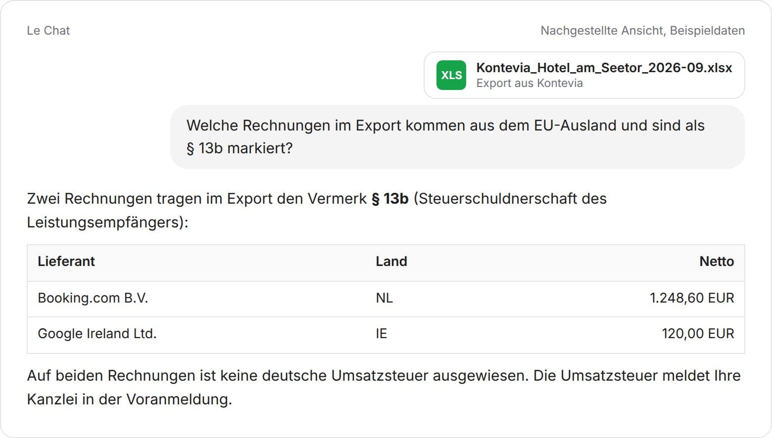 Le Chat findet im Kontevia-Export zwei Rechnungen mit Vermerk § 13b: Booking.com B.V. aus den Niederlanden und Google Ireland Ltd.