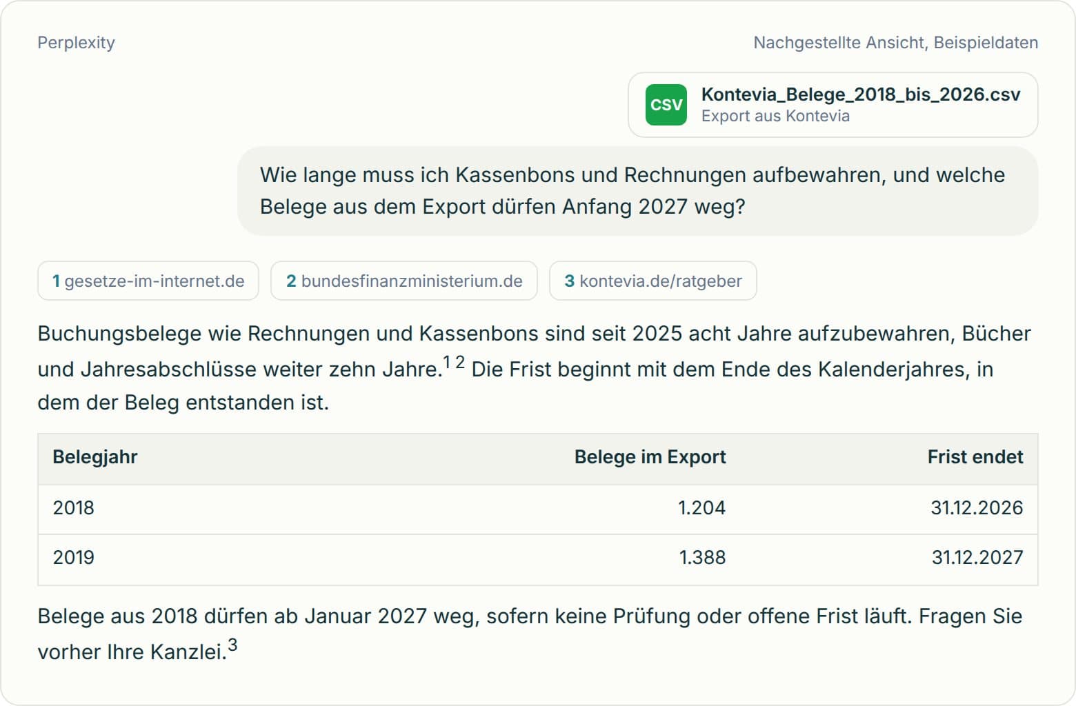 Perplexity beantwortet mit Quellen die Aufbewahrungsfrist von acht Jahren für Buchungsbelege und zeigt, welche Belegjahre aus dem Kontevia-Export Ende 2026 auslaufen