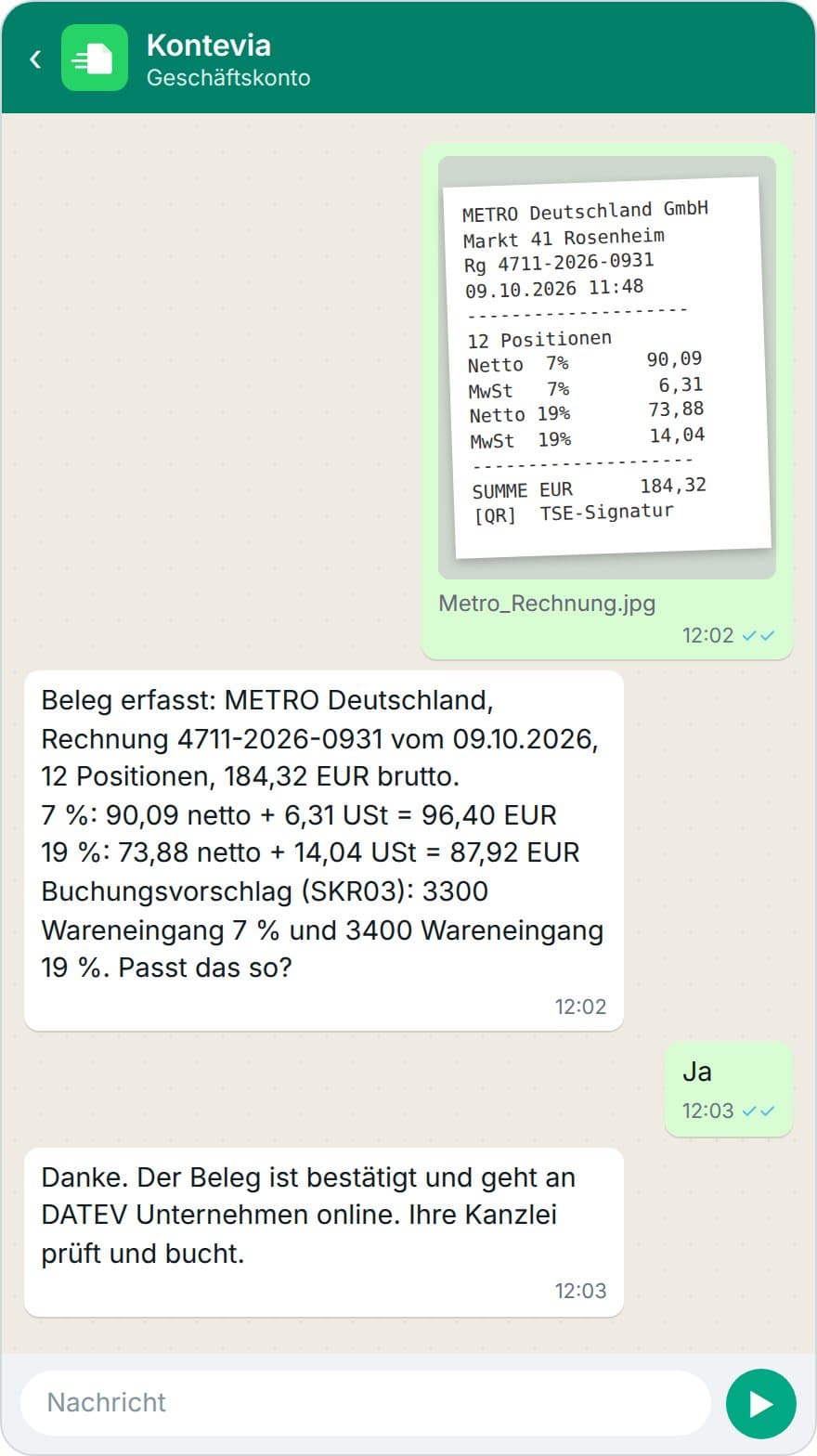 WhatsApp-Chat mit Kontevia: Foto einer METRO-Rechnung, Antwort mit 184,32 EUR brutto, getrennt nach 7 und 19 Prozent, Buchungsvorschlag SKR03 3300 und 3400
