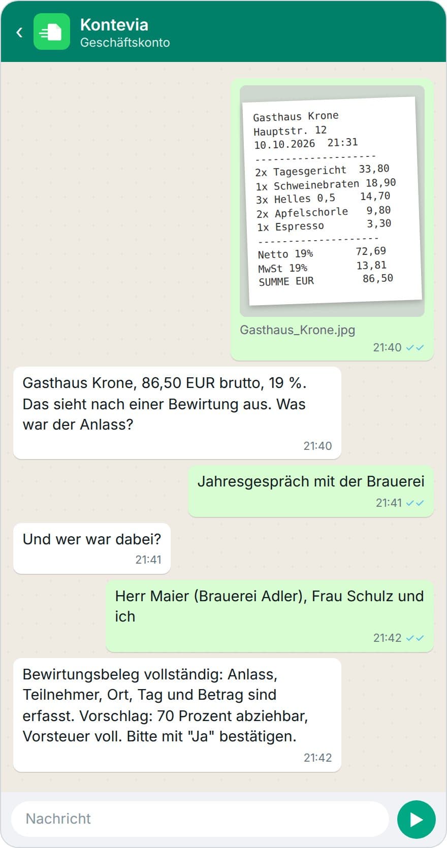 WhatsApp-Chat mit Kontevia: Bewirtungsbeleg Gasthaus Krone, Kontevia fragt nach Anlass und Teilnehmern und schlägt 70 Prozent abziehbar vor