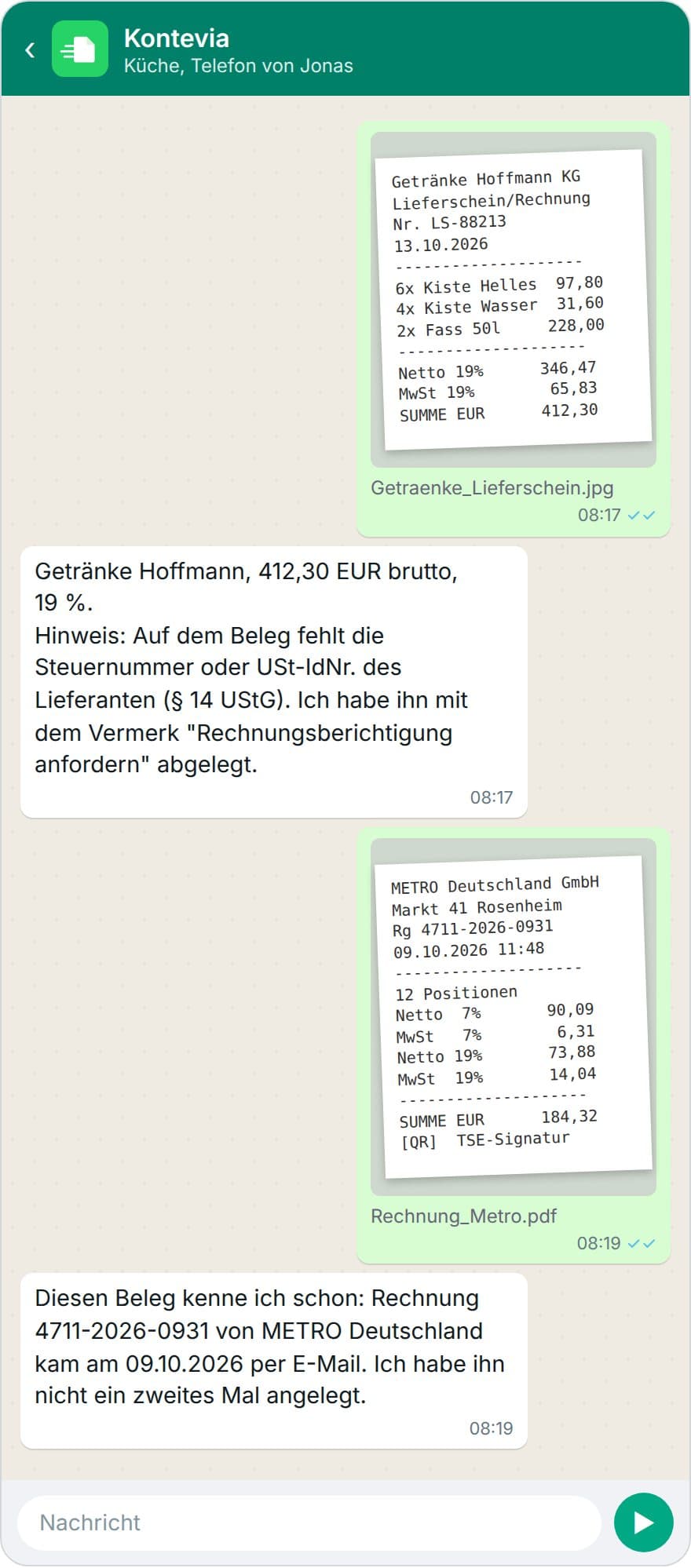 WhatsApp-Chat mit Kontevia: Hinweis auf fehlende USt-IdNr. bei Getränke Hoffmann und Erkennung einer bereits per E-Mail eingegangenen METRO-Rechnung