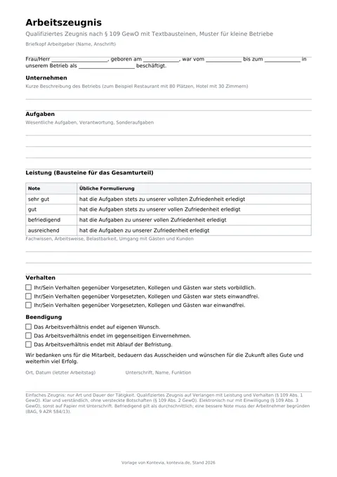 Vorschau Arbeitszeugnis Vorlage 2026, erste Seite