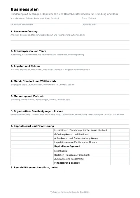 Vorschau Businessplan Vorlage 2026, erste Seite