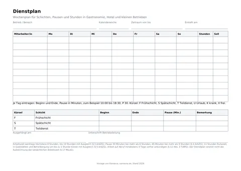 Vorschau Dienstplan Vorlage 2026, erste Seite