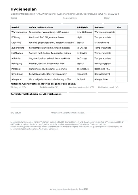 Vorschau Hygieneplan Vorlage 2026: HACCP Checkliste und Temperaturliste für die Gastronomie Vorlage 2026, erste Seite