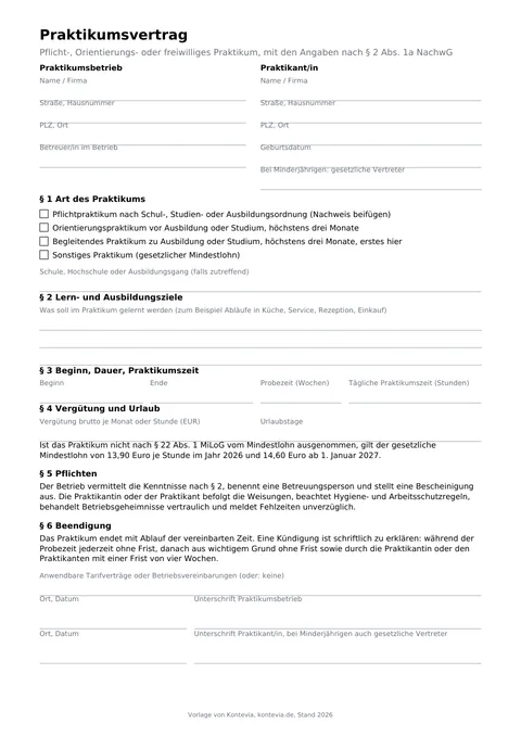 Vorschau Praktikumsvertrag Vorlage 2026: Muster mit Praktikumsbescheinigung und Mindestlohn Vorlage 2026, erste Seite