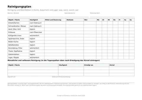 Vorschau Reinigungsplan Vorlage 2026, erste Seite